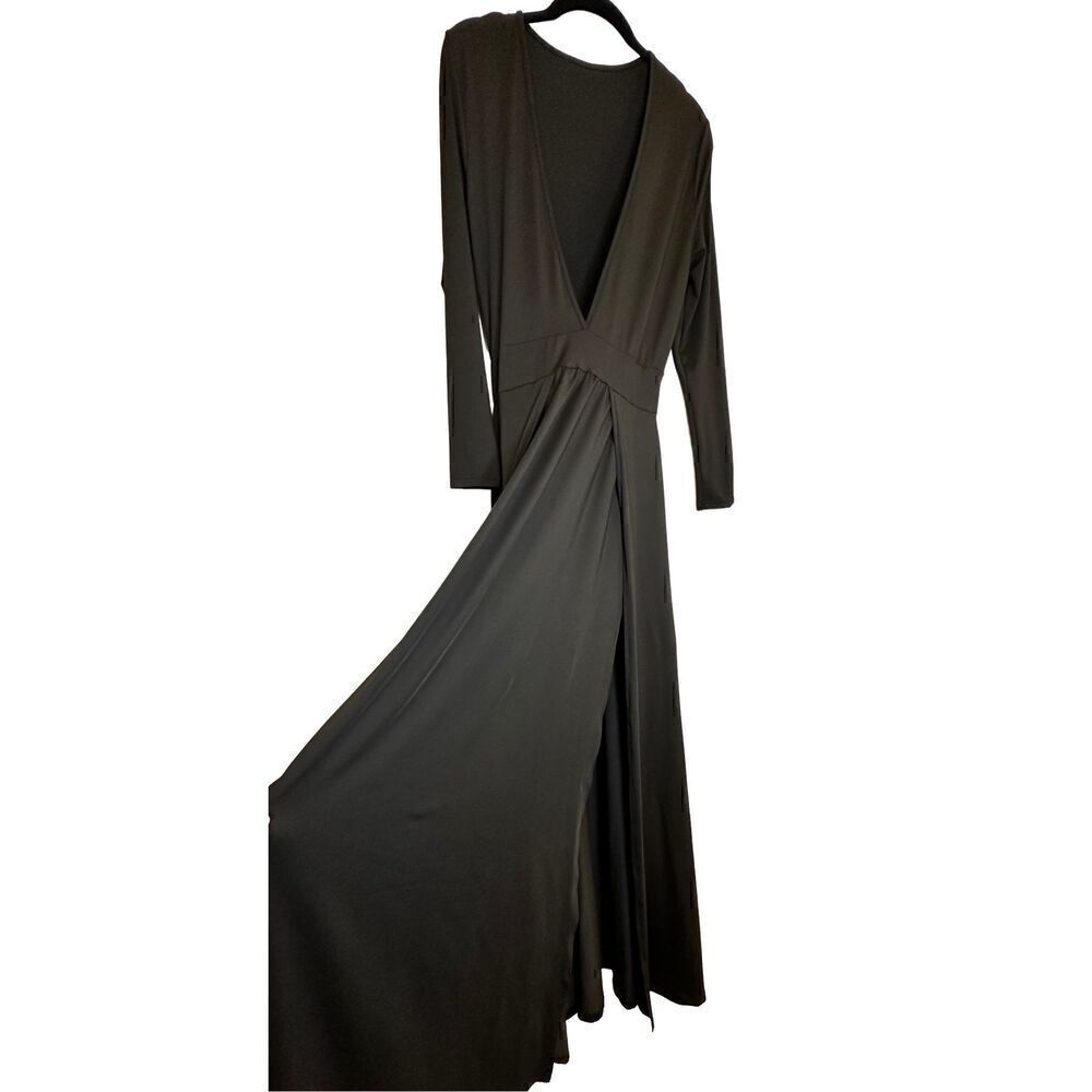 Moda International Plunge V-Neck Split Front Long Sleeve Maxi Dress Black Medium